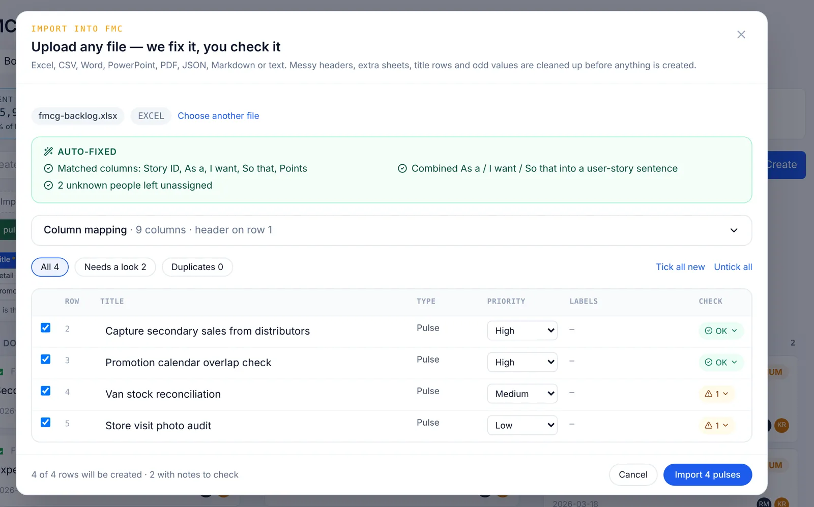 Drop a messy backlog. We fix it, you check it